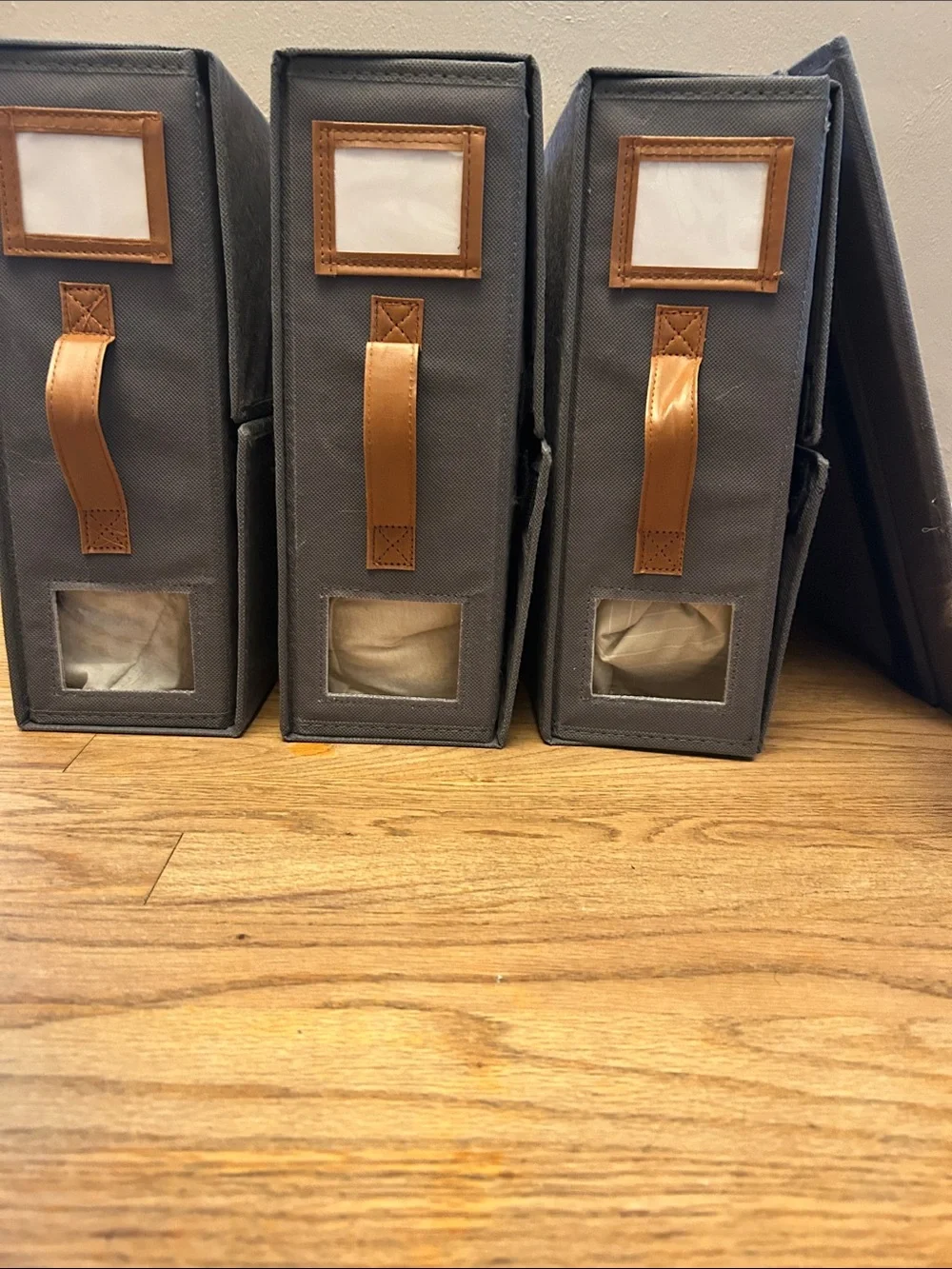 Set of 4 Gray Fabric Storage Bins with Brown Leather Handles (sheets & linens)